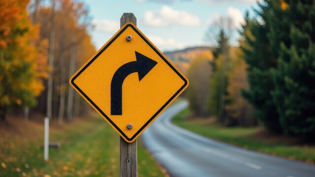 A yellow detour sign with a right turn arrow is placed along a winding road surrounded by autumn foliage.