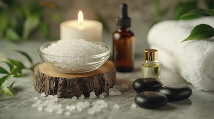 Tranquil spa still life featuring essential oils, bath salts, and hot stones for relaxation