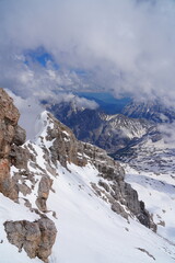 Snowy view of the summit of the Zugspitze, the highest mountain top in Germany in the Bavarian Alps region, in summer