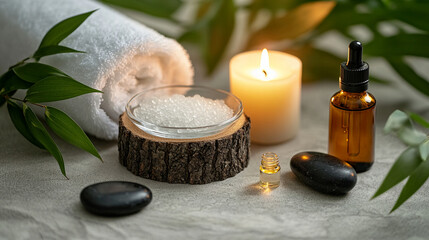 Serene spa atmosphere featuring a candle, massage stones, and aromatherapy essential oils