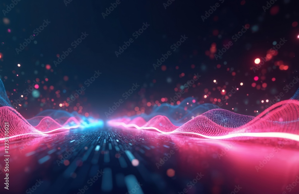 Poster abstract futuristic background with pink blue glowing neon high speed wave lines and bokeh lights. d