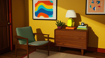 Modern living room with green chair, wooden cabinet, and colorful art