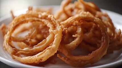 Fototapeta premium Crispy golden-brown onion rings on a white plate.