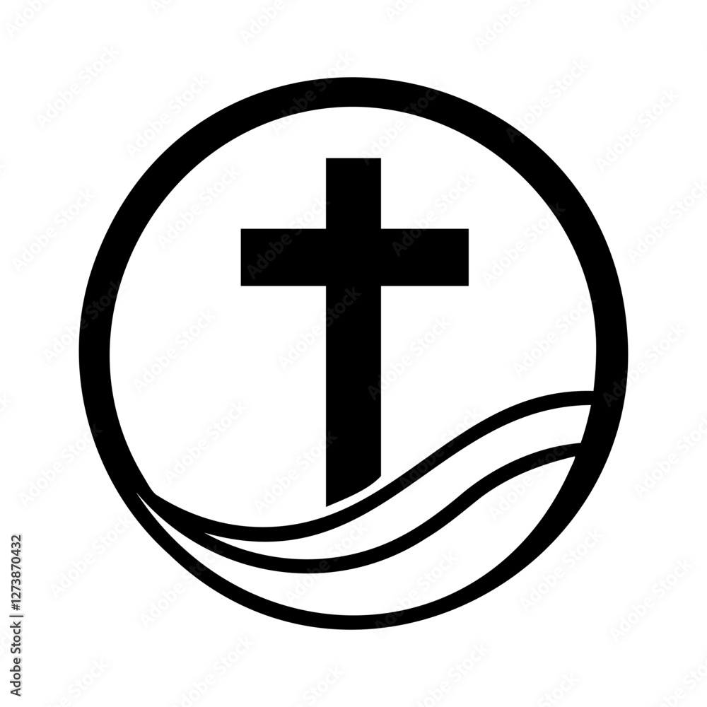 Poster christian cross icon. christian cross inside circular frame with wave design. church symbol. vector 