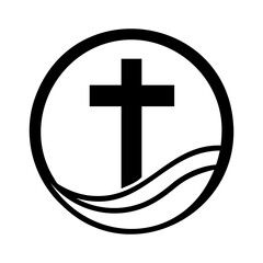 Fototapeta premium Christian cross icon. Christian cross inside circular frame with wave design. Church symbol. Vector illustration