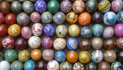 A vibrant collection of intricately painted eggs arranged closely on a table, showcasing a variety of colors and artistic designs.