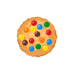  Cookie with multicolor chocolate candy dragees isolated on white background. Vector cartoon flat illustration. Sweet biscuit icon.