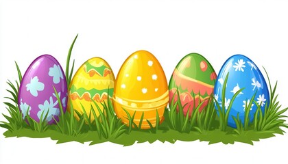 A vibrant assortment of Easter eggs nestled in lush green grass surrounded by blooming flowers, celebrating the joy of springtime festivities.