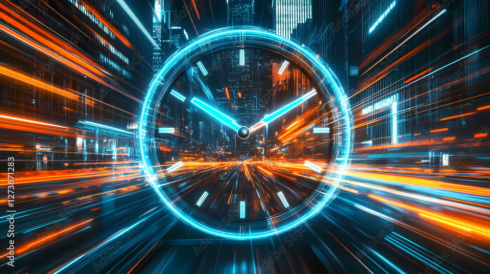 Poster time flies in fast paced city with clock and light trails