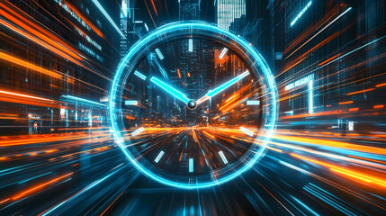 Time flies in fast paced city with clock and light trails