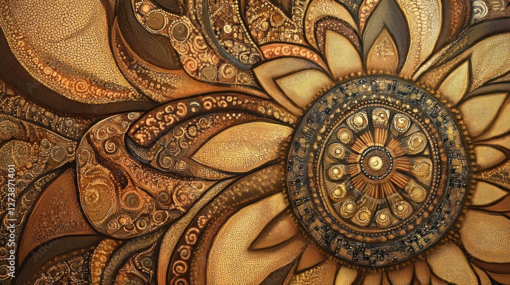 Poster a textured, abstract design featuring intricate patterns and a central circular motif.