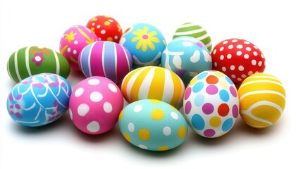 Fototapeta premium A vibrant collection of Easter eggs arranged closely on a clean white surface, showcasing their intricate colors and designs.