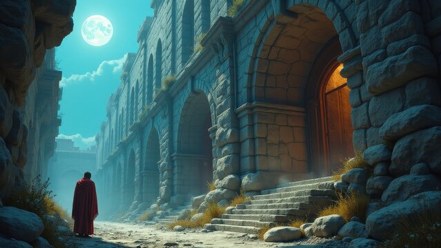 Under the full moon, a cloaked figure walks through ancient stone arches, embodying the spirit of "dum spiro spero."