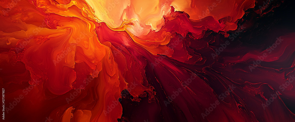 Poster Abstract red and orange paint swirling in vibrant patterns, creating a fluid and dynamic composition that symbolizes energy, movement, and artistic expression.