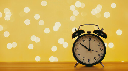 Classic alarm clock on wooden table with yellow bokeh background