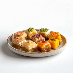 A Small Ceramic Plate Elegantly Arranged with Traditional Dishes for Ramadan.