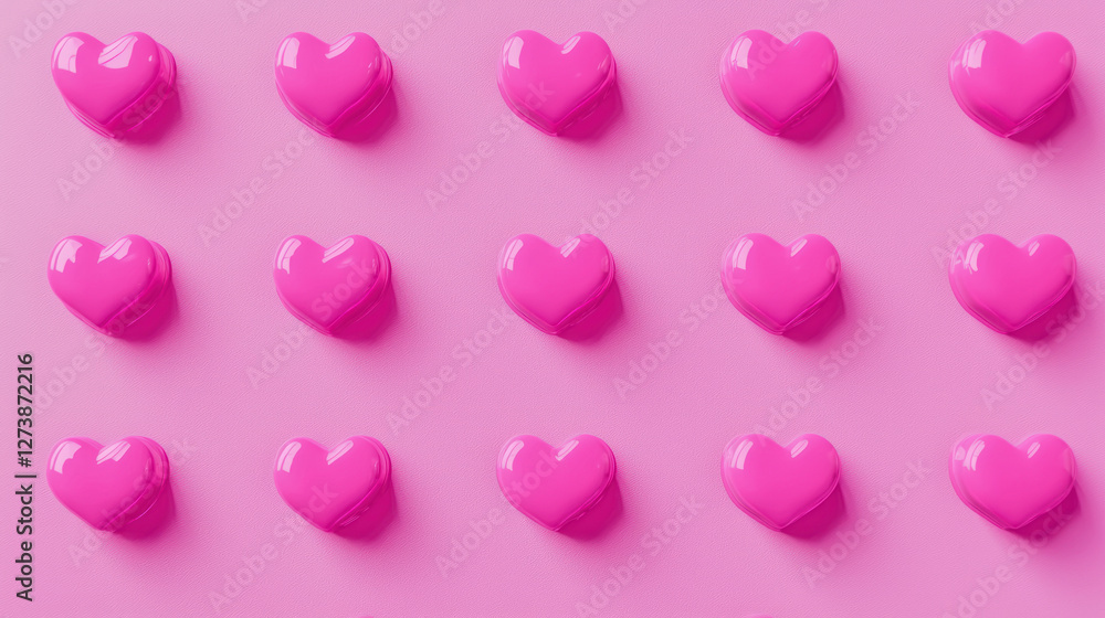 Poster glossy pink hearts arranged in pattern on vibrant pink background, creating playful and cheerful atm