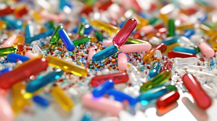 Assorted Pharmaceutical Capsules And Granules In Red Blue Yellow And White Colors On White