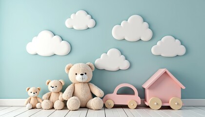 Pastel color cloud themed nursery room for baby. Teddy bears sit near pink toy car and house on white wooden floor. Cute interior decoration for children playroom.
