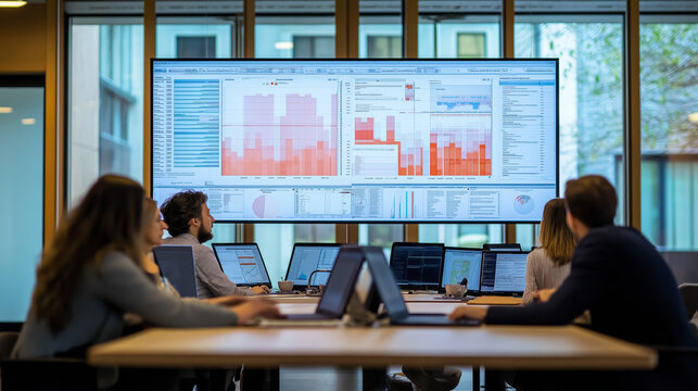 group of professionals in modern office setting collaborates around table with laptops, analyzing data displayed on large screen. atmosphere is focused and engaged