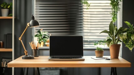 Fototapeta premium Modern Home Office Workspace with Laptop Desk Lamp and Plants