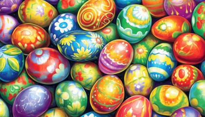 Fototapeta premium A vibrant assortment of eggs in various colors, showcasing intricate patterns and a glossy finish, arranged in a visually appealing close-up view.