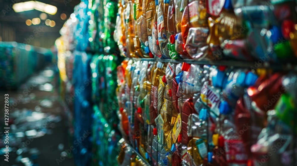 Aufkleber stacks of colorful plastic bottles are organized neatly in a recycling center, illuminated by natura