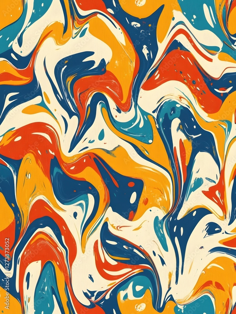Poster retro abstract swirls of orange blue and yellow creating a dynamic fluid pattern design