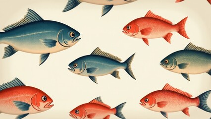 Obraz premium Fish wallpaper featuring a pattern of blue and red fish swimming in different directions.