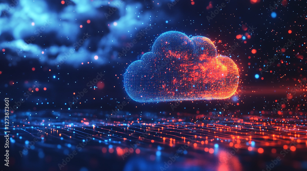 Poster abstract cloud computing concept: a vibrant digital cloud composed of red and blue particles hovers 