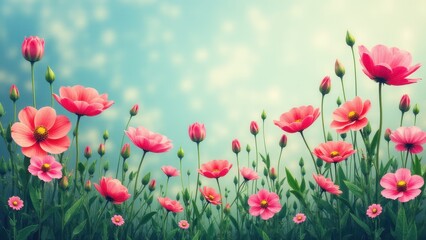 Fototapeta premium Beautiful pink flowers in full bloom against a soft, dreamy background, perfect for a flower wallpaper.