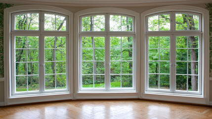 Fototapeta premium Bright windows with view of lush greenery and trees