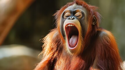 Fototapeta premium Orangutan yawning in a tropical habitat
