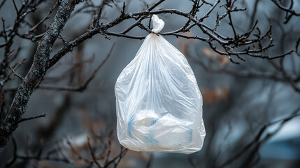 Plastic Shopping Bag Tangled on Tree Branch in Urban Area