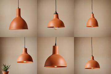 Obraz premium Six orange pendant lights with black strings hang from black metal hooks in a grid, each with a single light bulb, against a beige wall, creating a harmonious and visually appealing arrangement