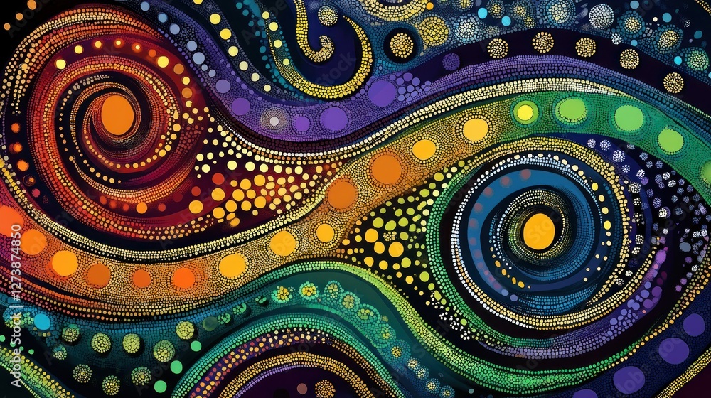 Poster a vibrant abstract swirl of colors and patterns, evoking movement and harmony.