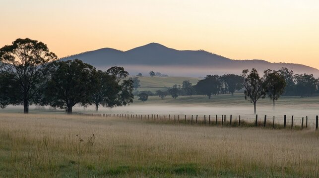 Serene Sunrise Over Misty Farmland And Mountains