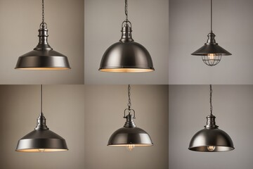 Obraz premium Six black pendant lights with a curved design and lightbulbs are arranged in a grid, each with a metal frame and a lightbulb, creating a symmetrical and elegant display against a beige background