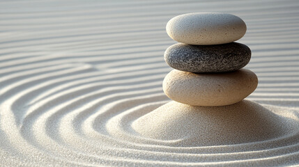 Tranquil stone harmony on sand waves, A peaceful zen garden scene evoking calm and balance