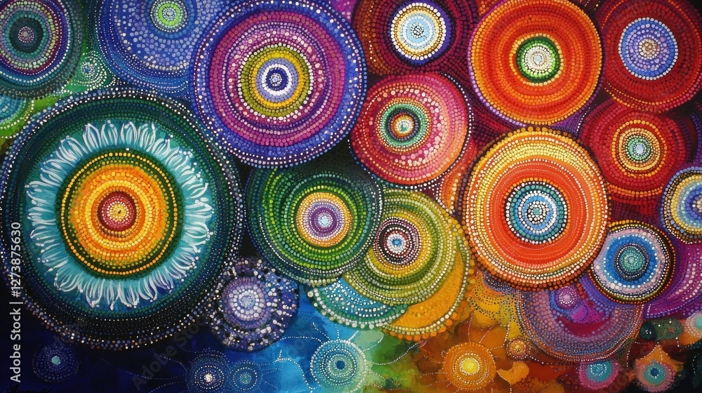 Poster a vibrant abstract artwork featuring colorful circular patterns and designs.