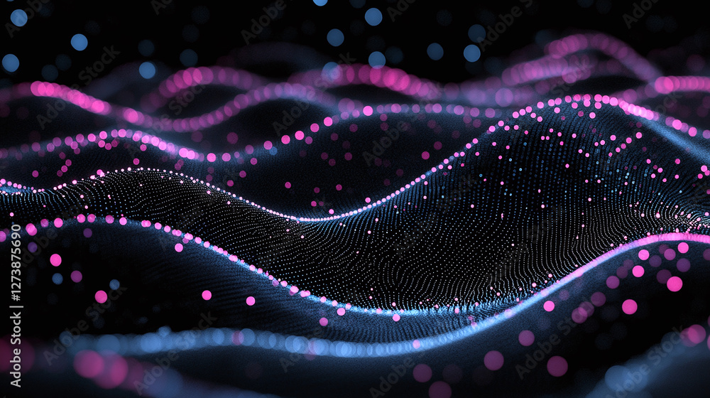 Poster digital wave: flowing forms of light. a dynamic interplay of pink and blue hues creating a mesmerizi