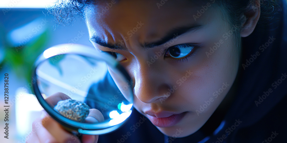 Poster close-up of a person using a magnifying glass to examine a small object