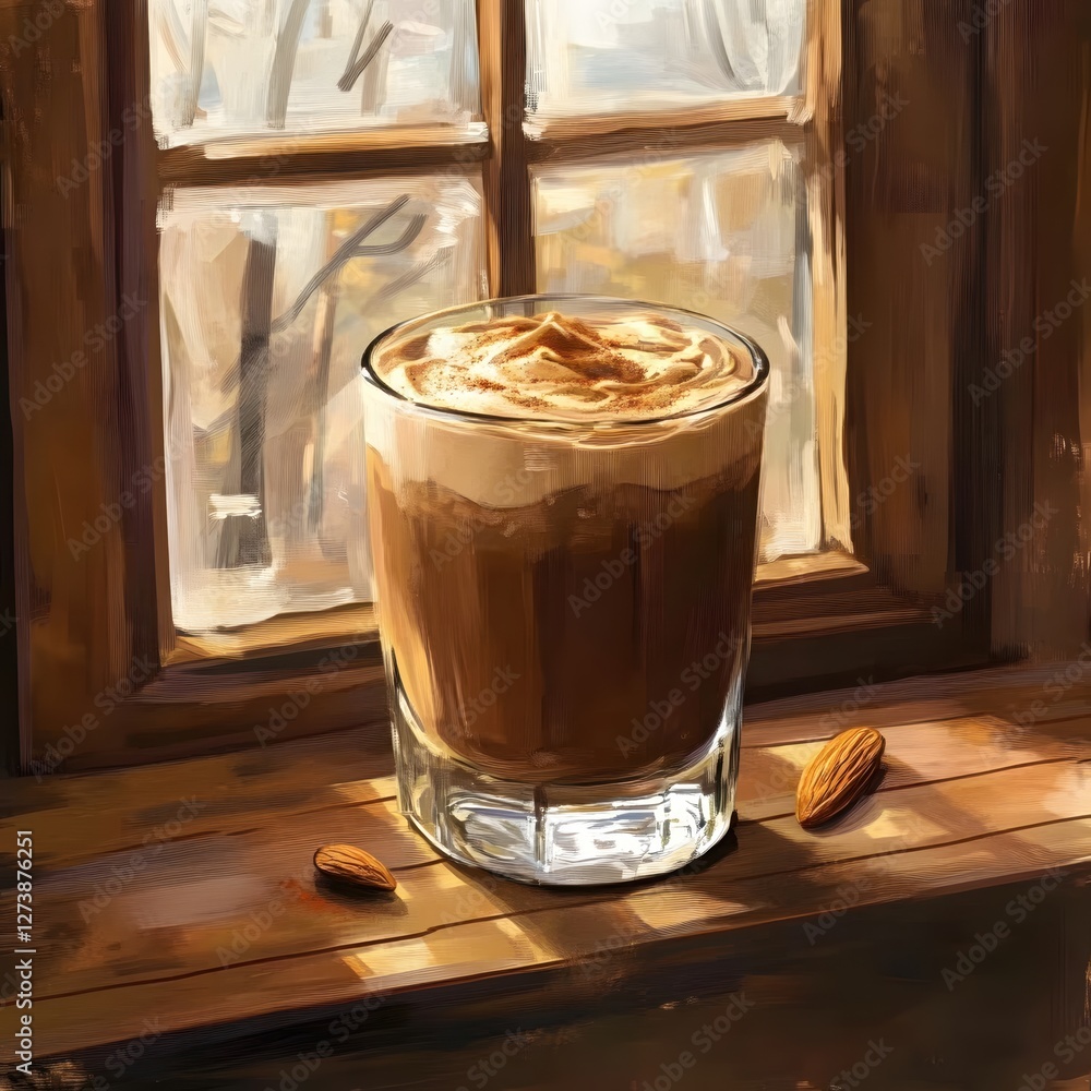 Aufkleber warm drink by the window with almonds on a wooden table creating a cozy and inviting scene