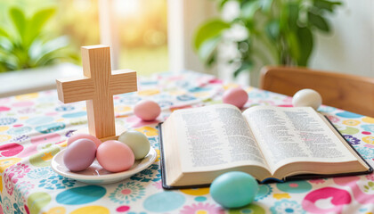 Easter celebration Bible with cross on colorful tablecloth, festive spirit