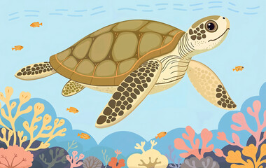 World Wildlife Day illustration of a sea turtle swimming in a vibrant underwater scene, surrounded by colorful fish and coral, promoting ocean conservation