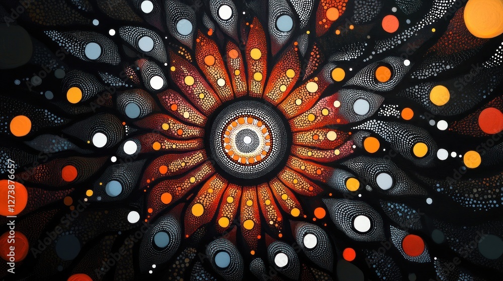 Poster a vibrant, abstract design featuring circular patterns and radiating shapes in bold colors.