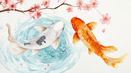Watercolor painting featuring koi fish swimming peacefully beneath blossoming cherry branches