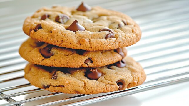Freshly baked chocolate chip cookies cooling on a wire rack in a cozy kitchen environment