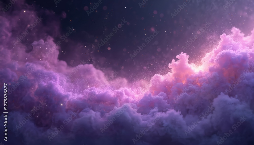 Poster illustration of purple magic smoke effect with light and sparkle flowed off a cloud. fog cloud abstr