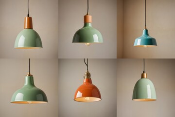 Obraz premium Six unique, colorful pendant lamps with varying shades hang from a grid against a beige wall, creating a harmonious and visually appealing display